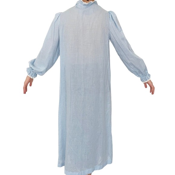 Vtg Handmade Nightgown Pleated Bib Eyelet Lace L/S Blue Gingham Zip Cottage Core - Picture 7 of 10